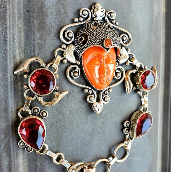 New Carved Goddess Face Multi Gemstone 925 Silver Bracelet. - Picture 4 of 15